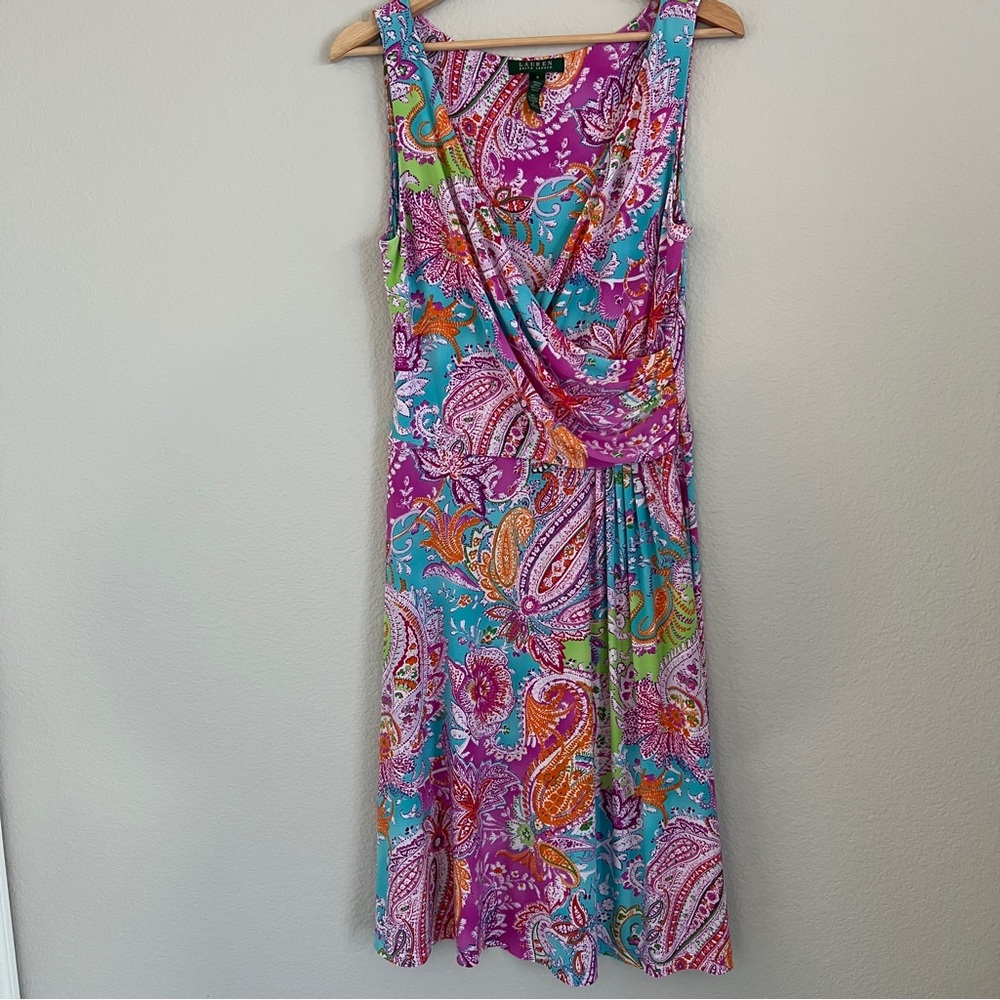 Lauren Ralph Lauren Faux Wrap Dress Womens Sz S Multicolor Paisley Sleeveless